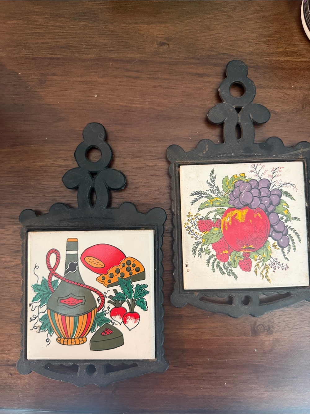 Vintage Black Wall Plaque Set with Colorful Fruit Kitchen Tile Artwork Cast Iron